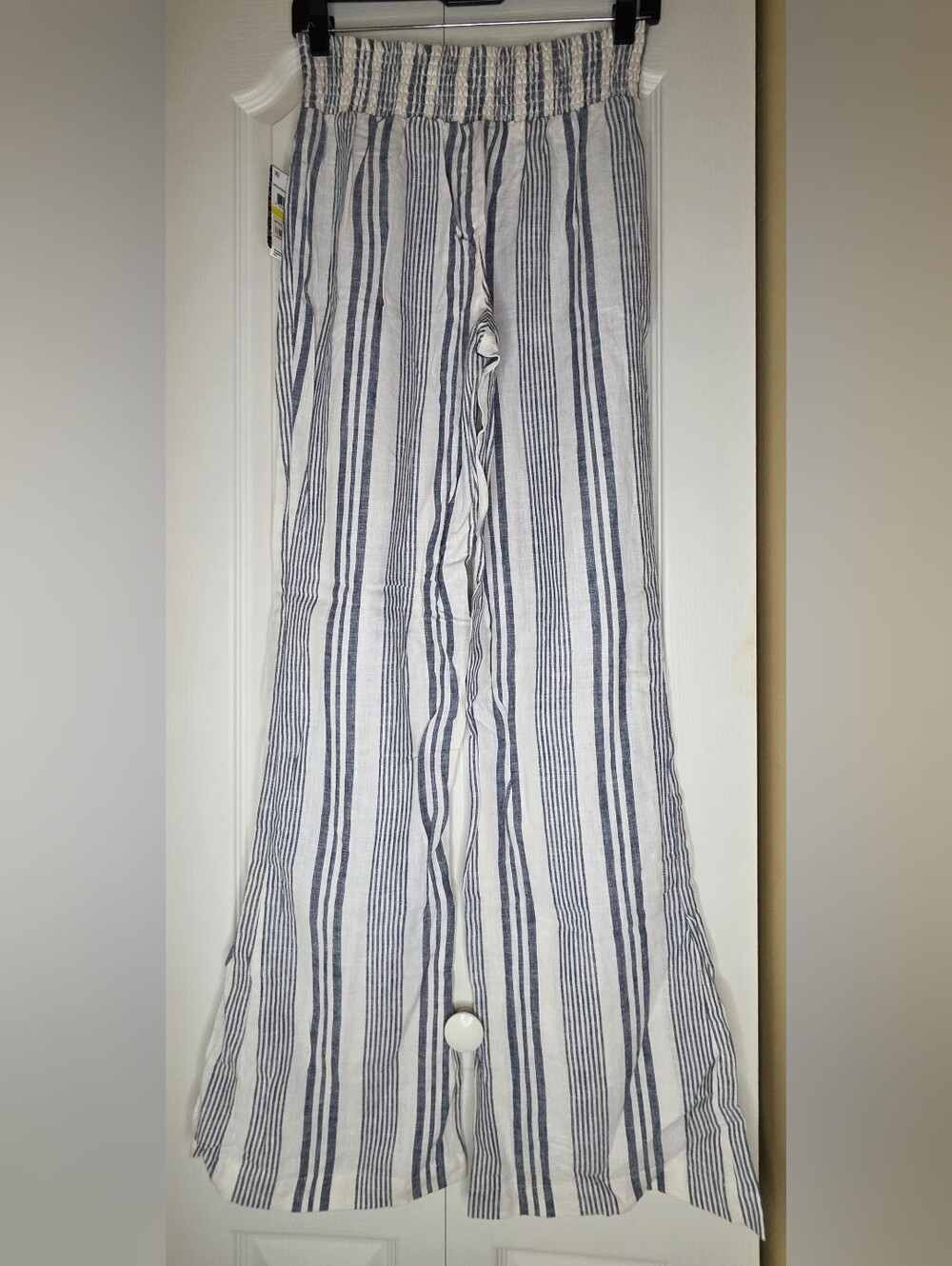 Stoosh Women's Linen/Rayon White Blue Striped Wide Leg Pant Elastic Waist M